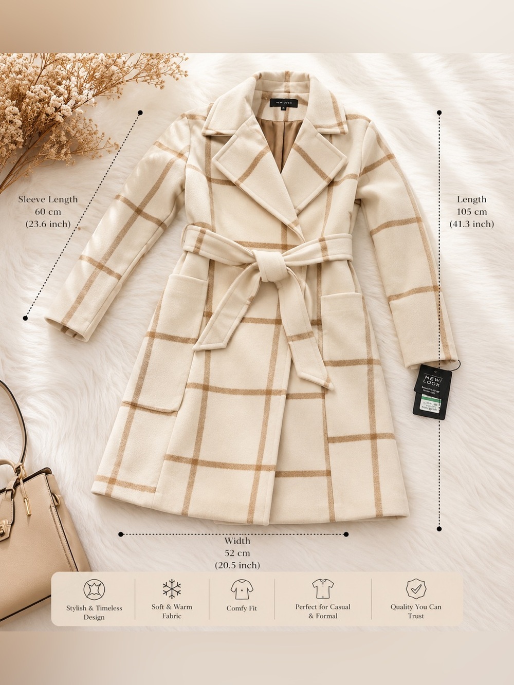 Dkny Cream Plaid Belted Trench Coat